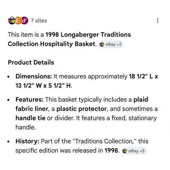 1998 Longaberger Traditions Collections Hospitality Basket w/Green Plaid Liner - Picture 7 of 7